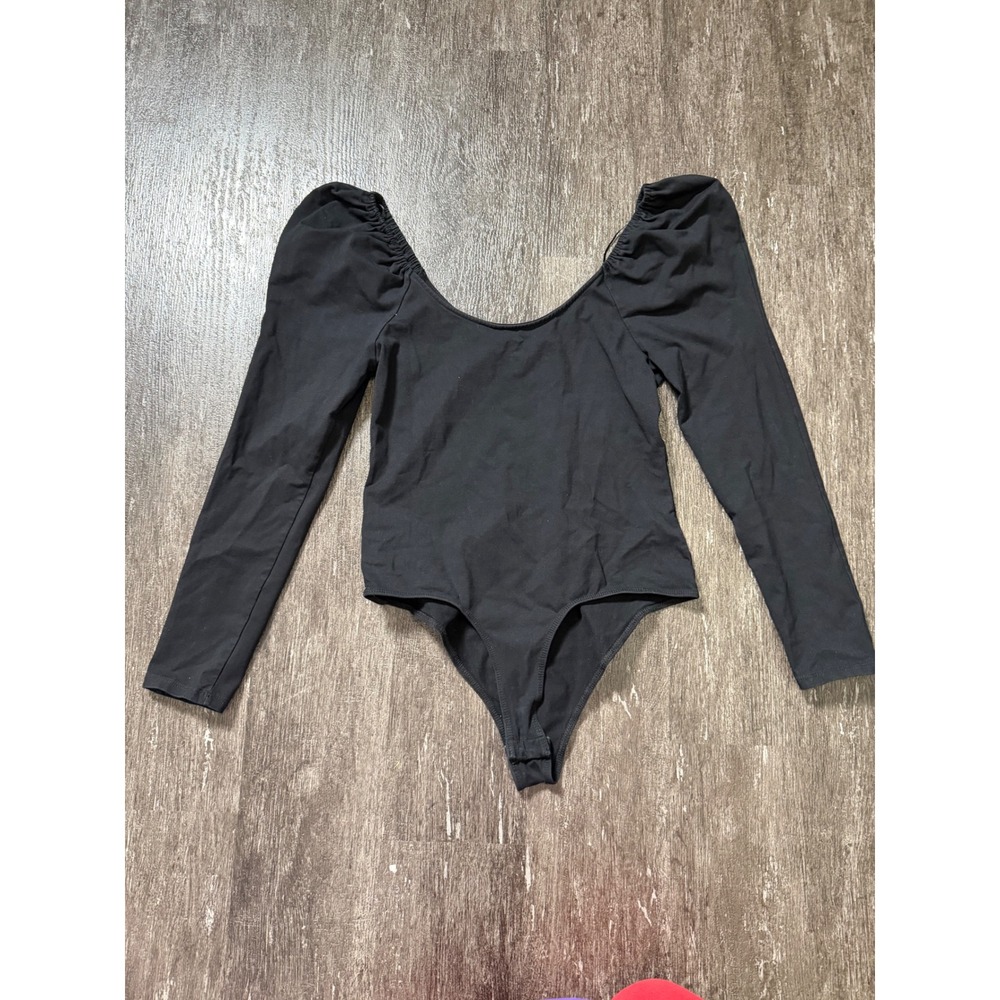 ASTR The Label Bodysuit Womens‎ Large Black Puff Sleeve Scoop Neck